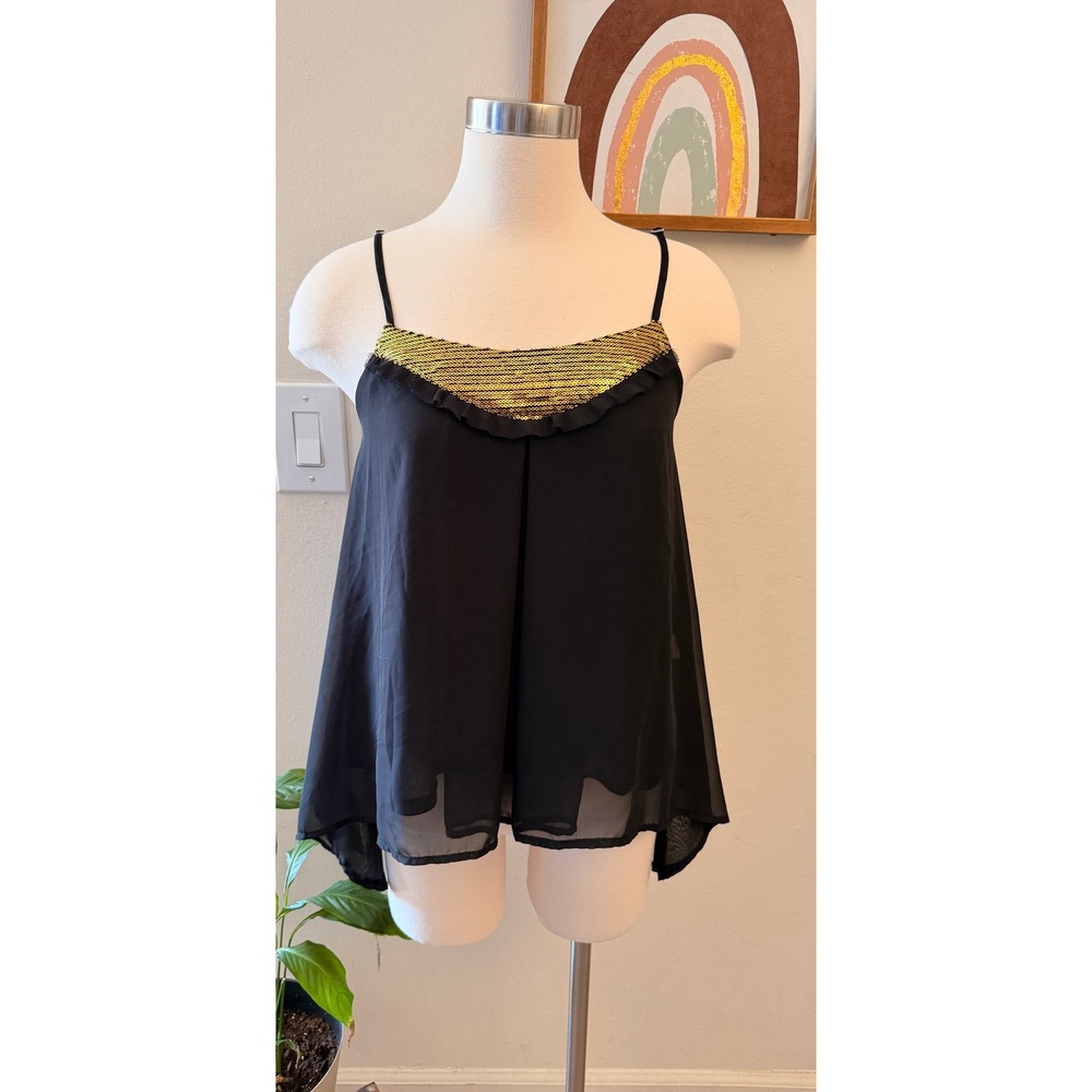 Mandee Cami Top Womens Size S Black Gold Sequin Chiffon High Low Ruffle Party